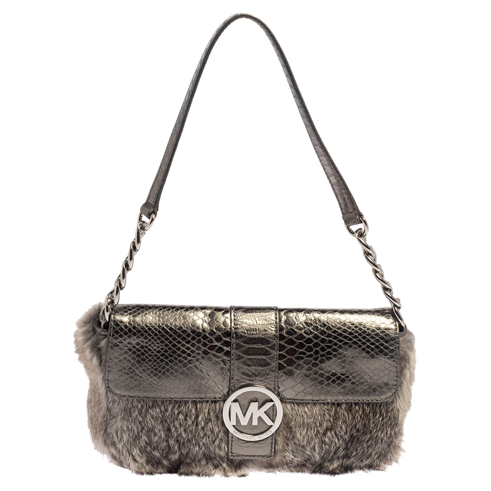 Michael Kors Metallic Grey Python Embossed Leather and Rabbit Fur Fulton Baguette