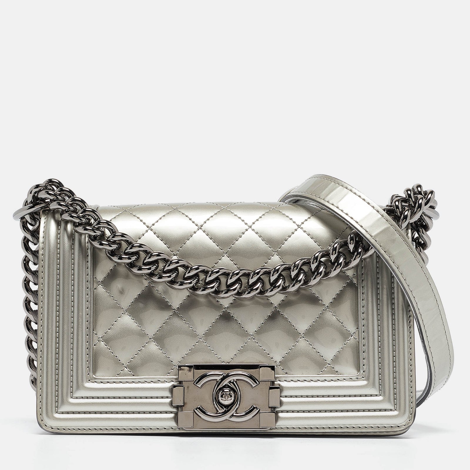 Chanel Grey Quilted Patent Leather Small Boy Flap Bag