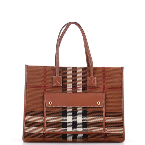 Freya Shopping Tote Check Canvas with Leather Medium