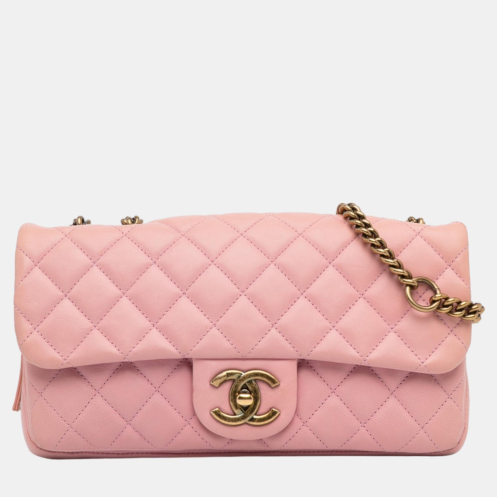 Chanel Portefeuille simple en cuir de veau matelassé CC rose