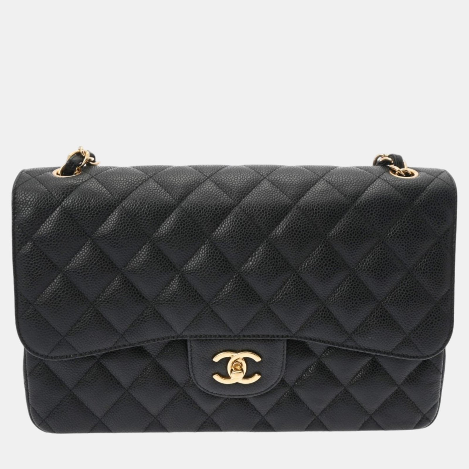 Chanel Schwarze Matelassé-Umhängetasche aus Kaviarhaut mit Kette, 30 cm