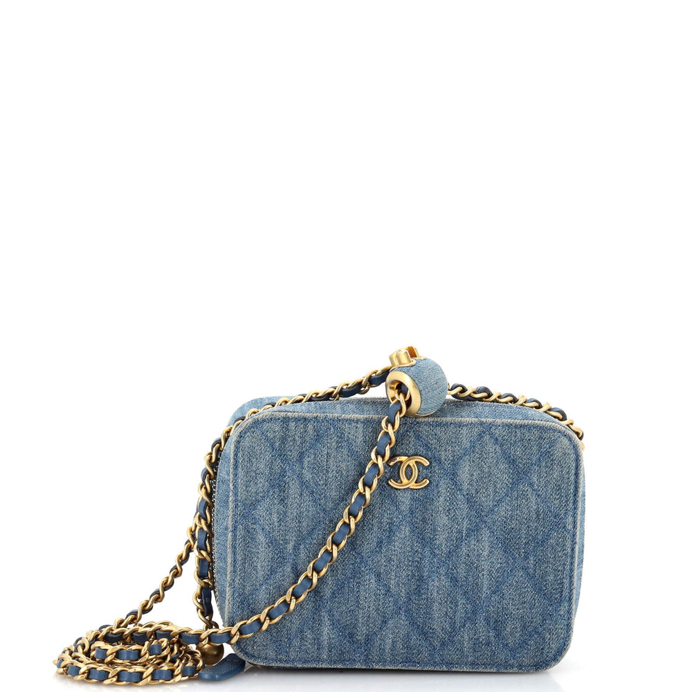 CHANEL Pearl Crush Zip Around Vanity Case with Chain Quilted Denim Mini