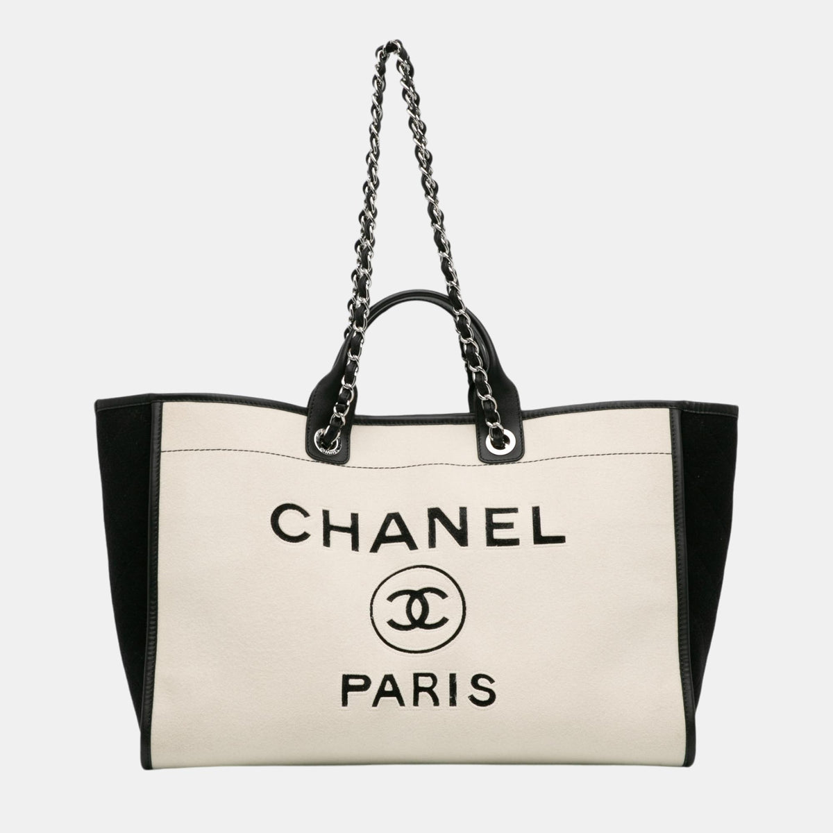 Chanel Black/White Large Wool Felt Deauville Tote