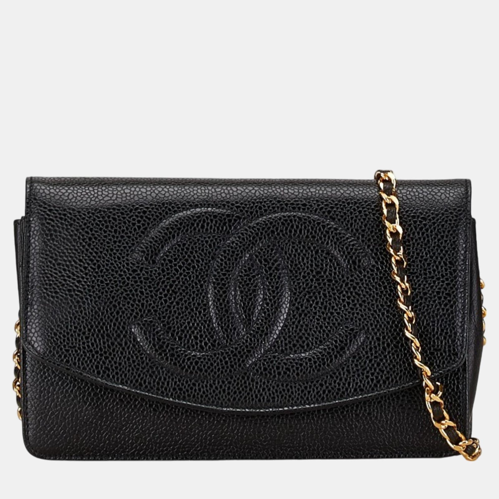 Chanel Schwarzes Coco Mark-Portemonnaie aus Kaviarleder mit Kette