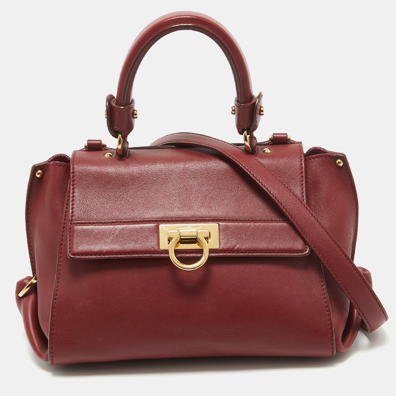 Salvatore Ferragamo Burgundy Leather Small Sofia Top Handle Bag