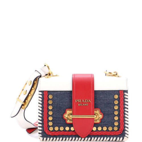 PRADA Cahier Crossbody Bag Embellished Denim and Leather Small