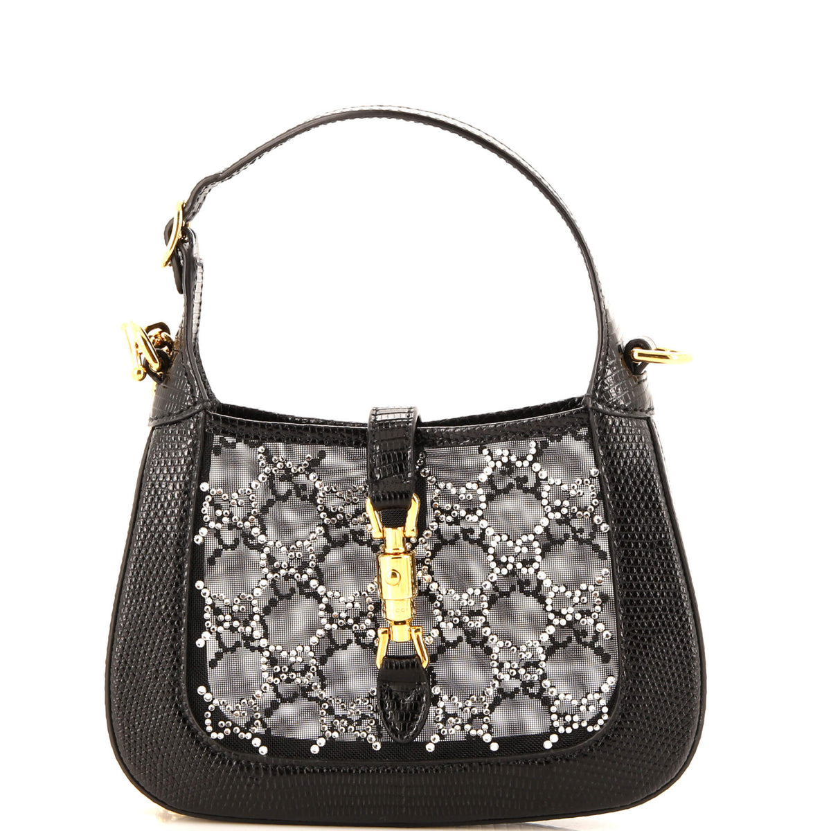 Gucci GUCCI Jackie 1961 Chain Hobo Crystal GG Embellished Mesh with Lizard Mini