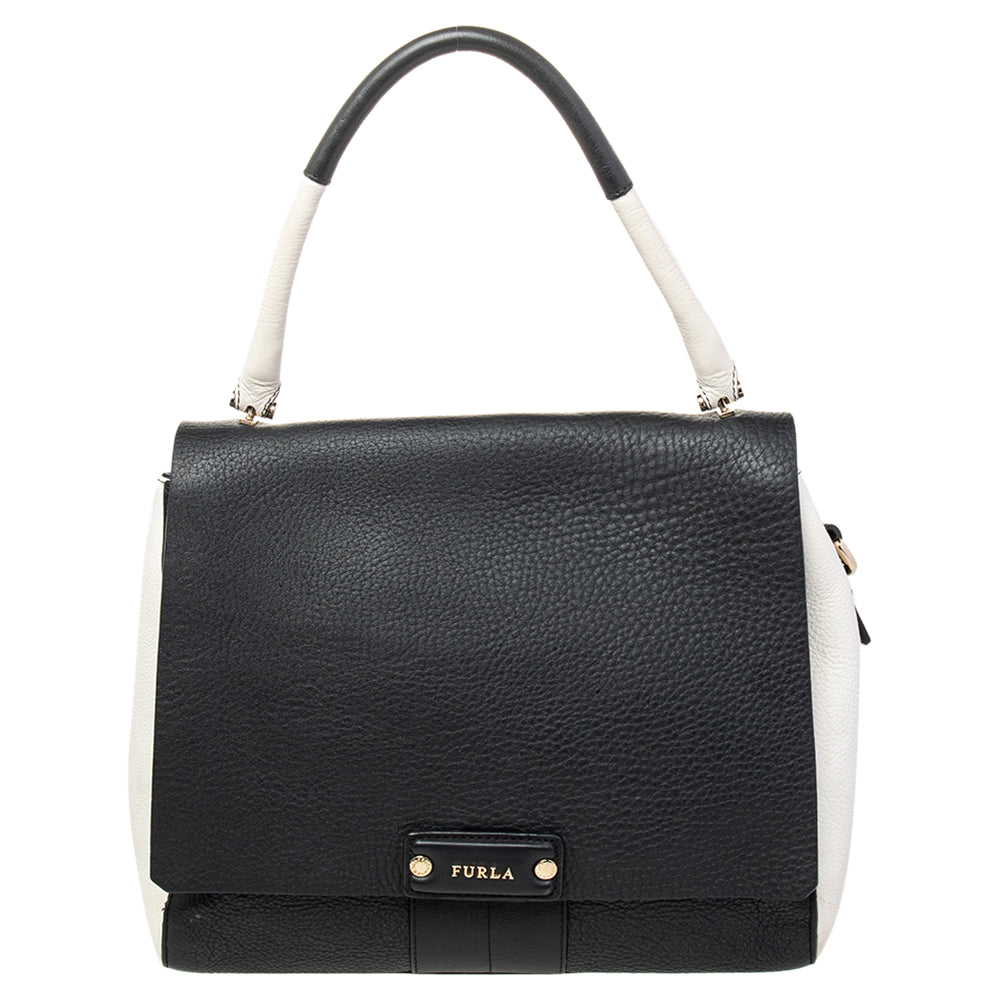 Furla Black/White Leather Flap Top Handle Bag