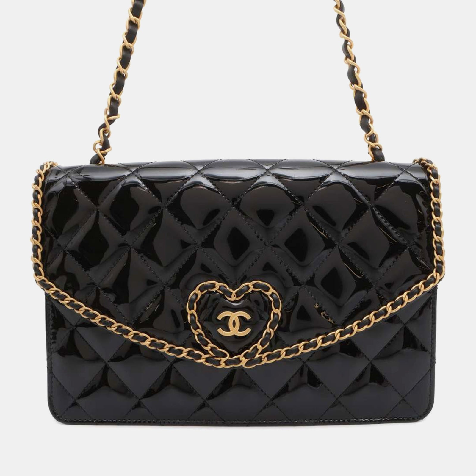 Chanel Sac à bandoulière en cuir verni noir matelassé avec chaîne