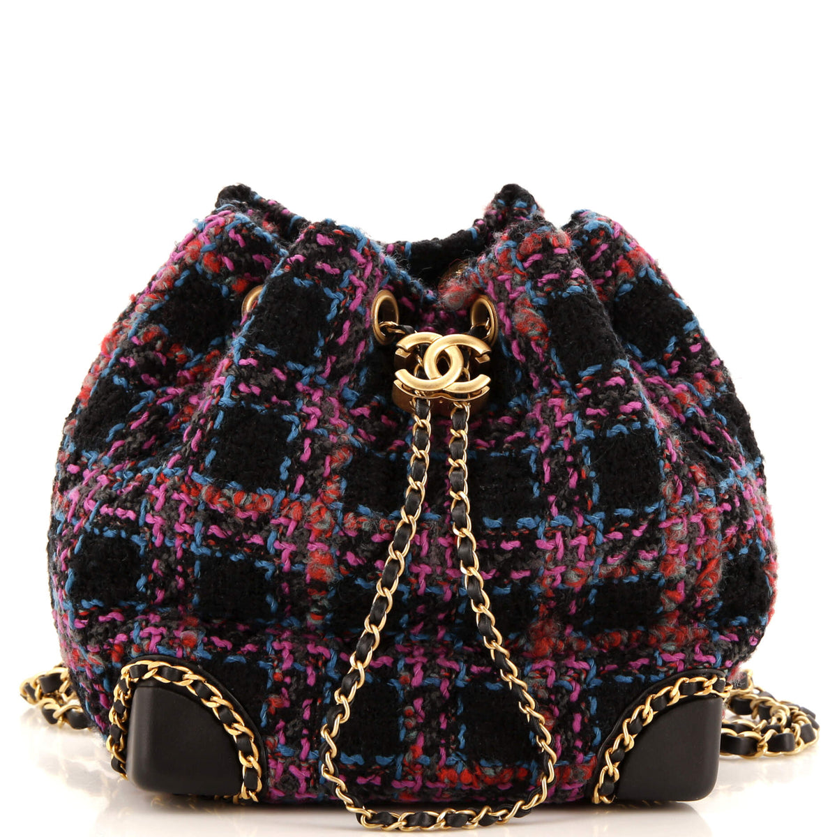 Chanel CHANEL Chained Drawstring CC Bucket Backpack Quilted Tweed Small