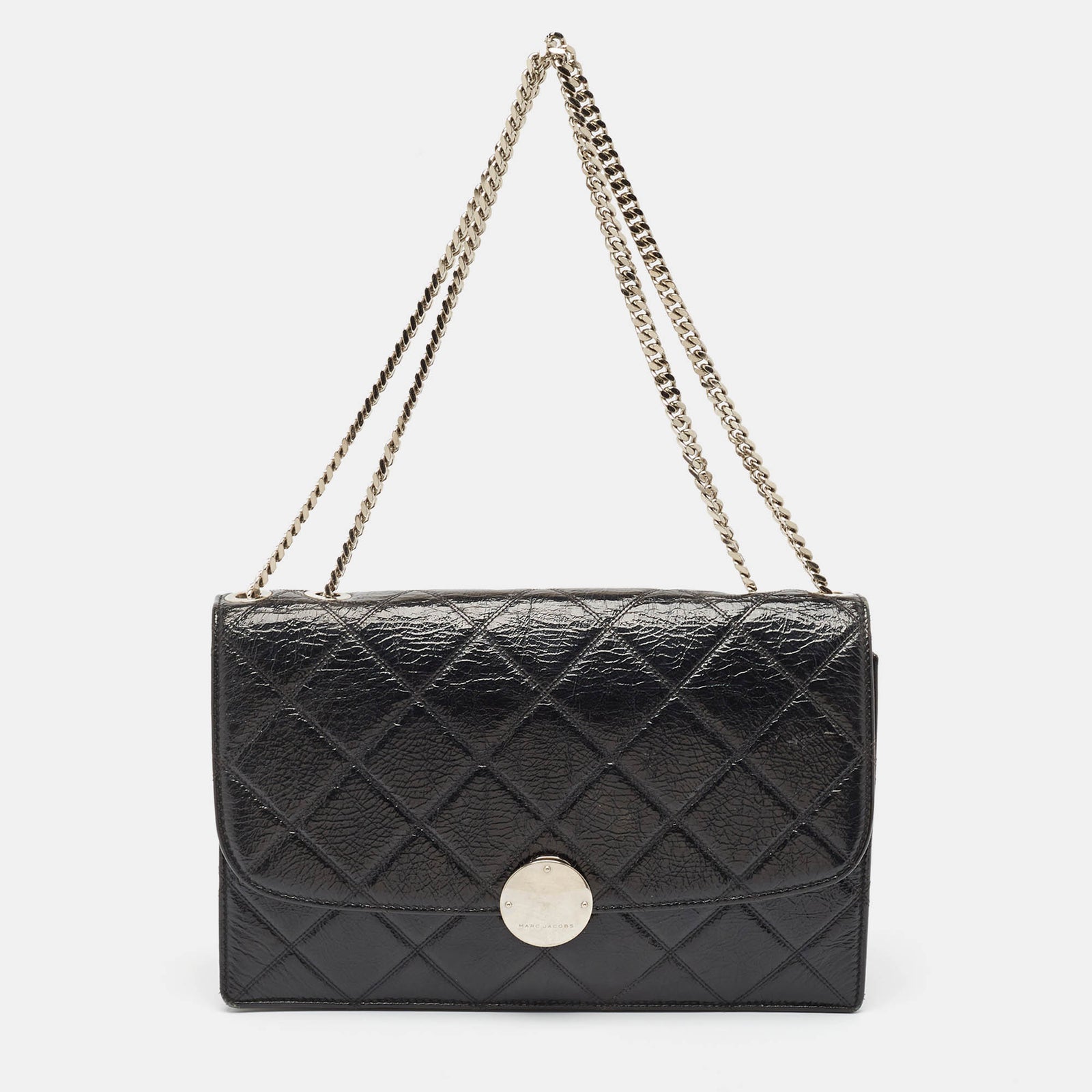 Marc Jacobs Black Glossy Quilted Leather Trouble Flap Shoulder Bag