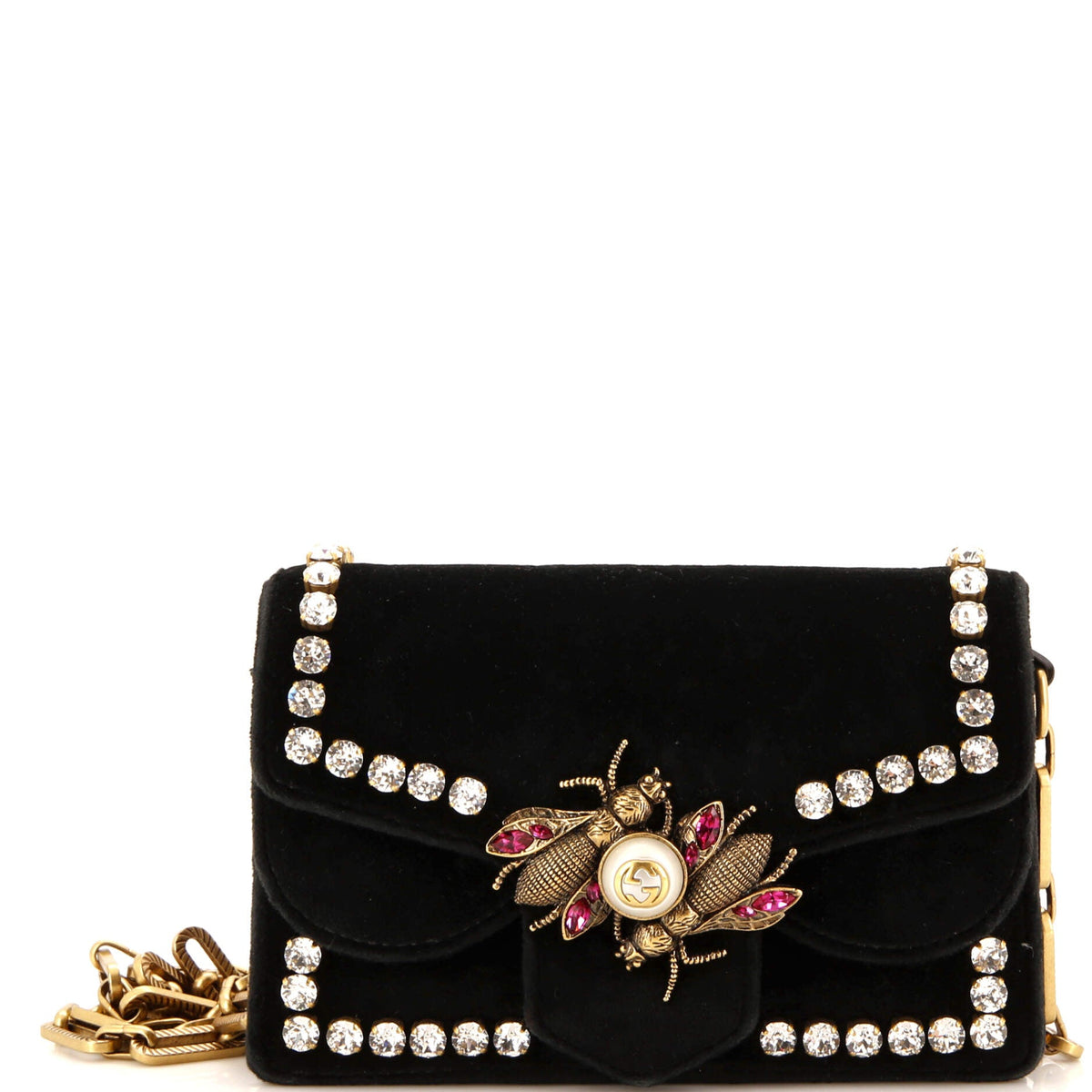 Gucci GUCCI Broadway Pearly Bee Shoulder Bag Crystal Embellished Velvet Mini