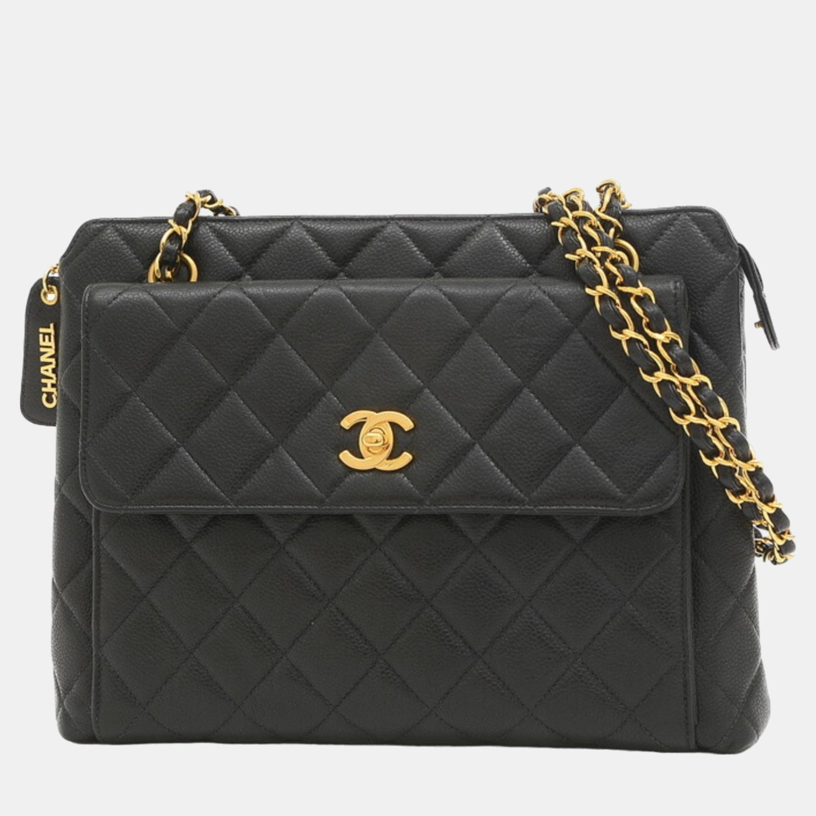 Chanel Schwarze, gesteppte Caviar CC-Tragetasche mit Vordertasche