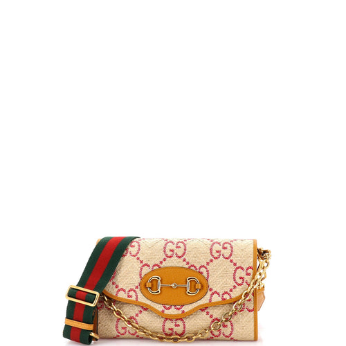 GUCCI Horsebit 1955 Curved Flap Shoulder Bag Jumbo GG Raffia Small