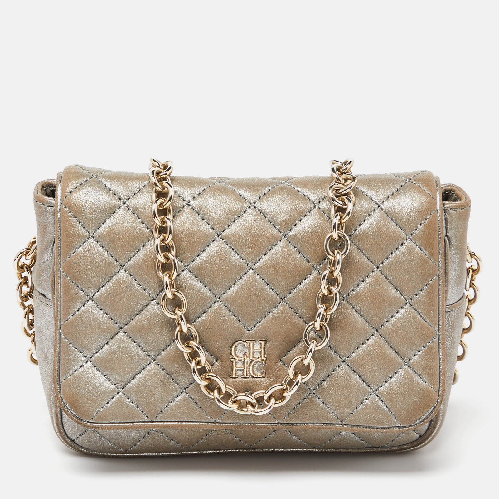 Ch Carolina Herrera Silver Quilted Leather Chain Flap Shoulder Bag