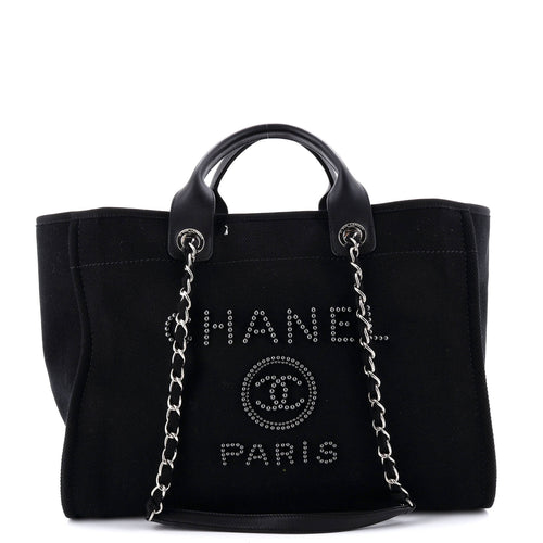 CHANEL Deauville Tote Pearl Embellished Canvas Medium