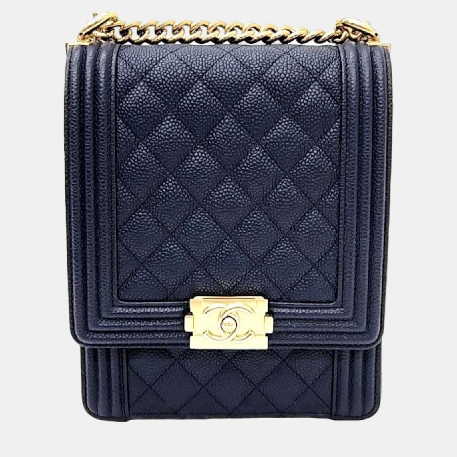 Chanel Navy Blue Caviar Leather North/South Quilted Flap Bag