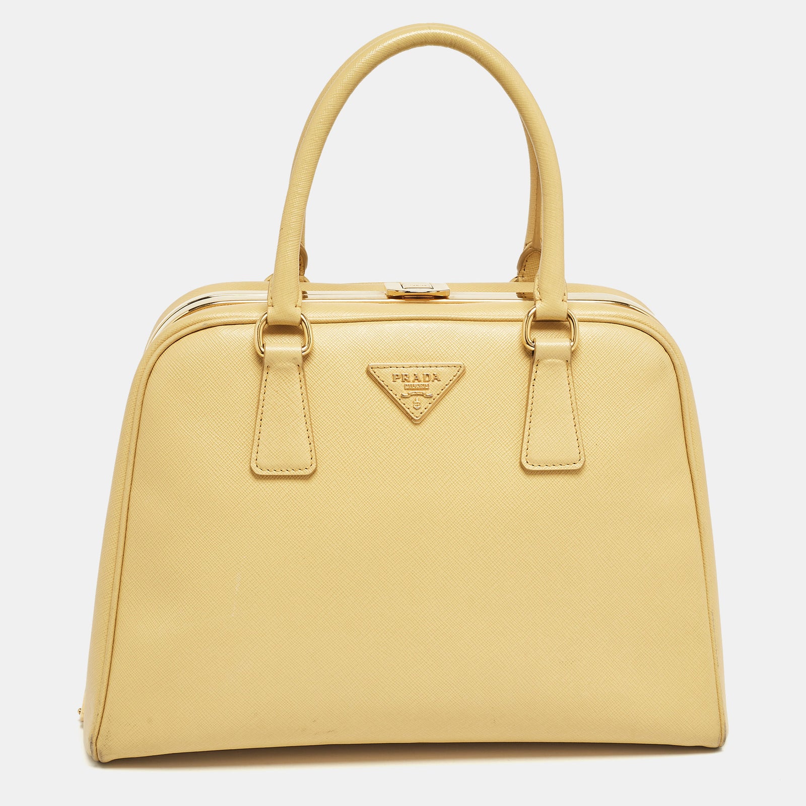 Prada Yellow Saffiano Lux Leather Pyramid Frame Satchel