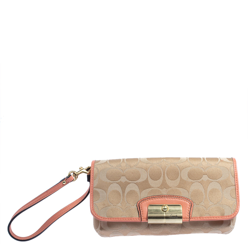 Coach Beige/Orange Signature Canvas and Leather Wristlet Clutch