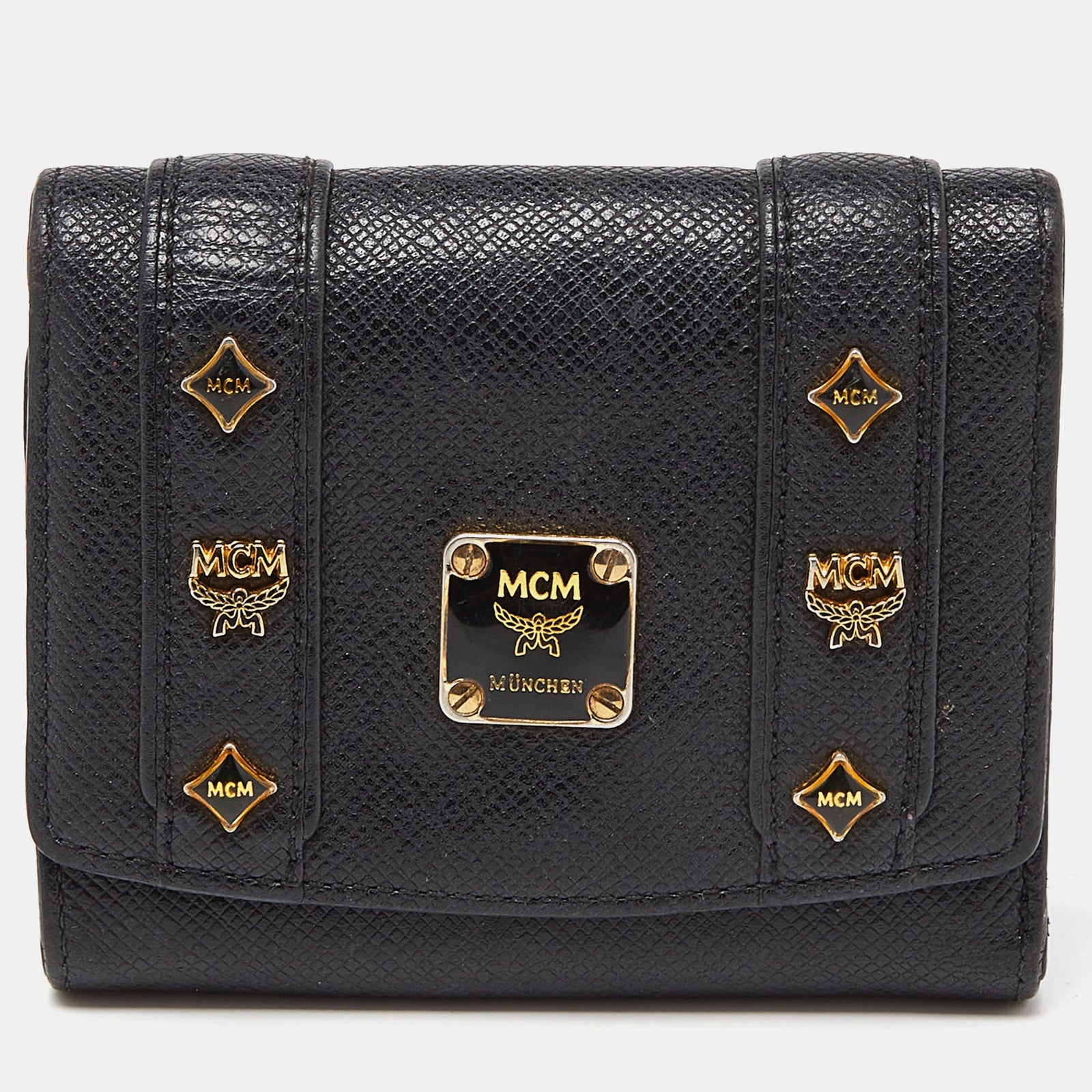 MCM Black Leather Studded Charm Trifold Wallet