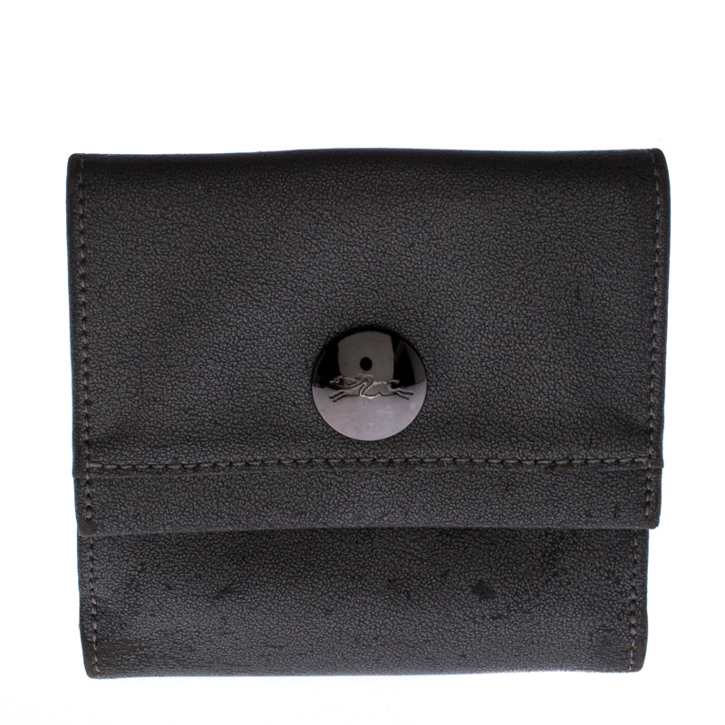 Longchamp Metallic Grey Leather Flap Button Compact Wallet