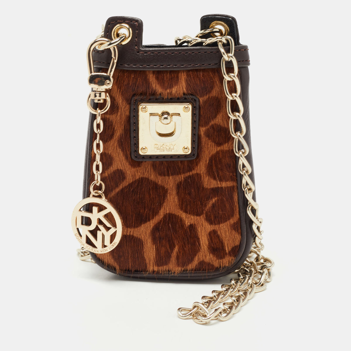DKNY DKNY Brown Leopard Print Calfhair and Leather Chain Phone Case