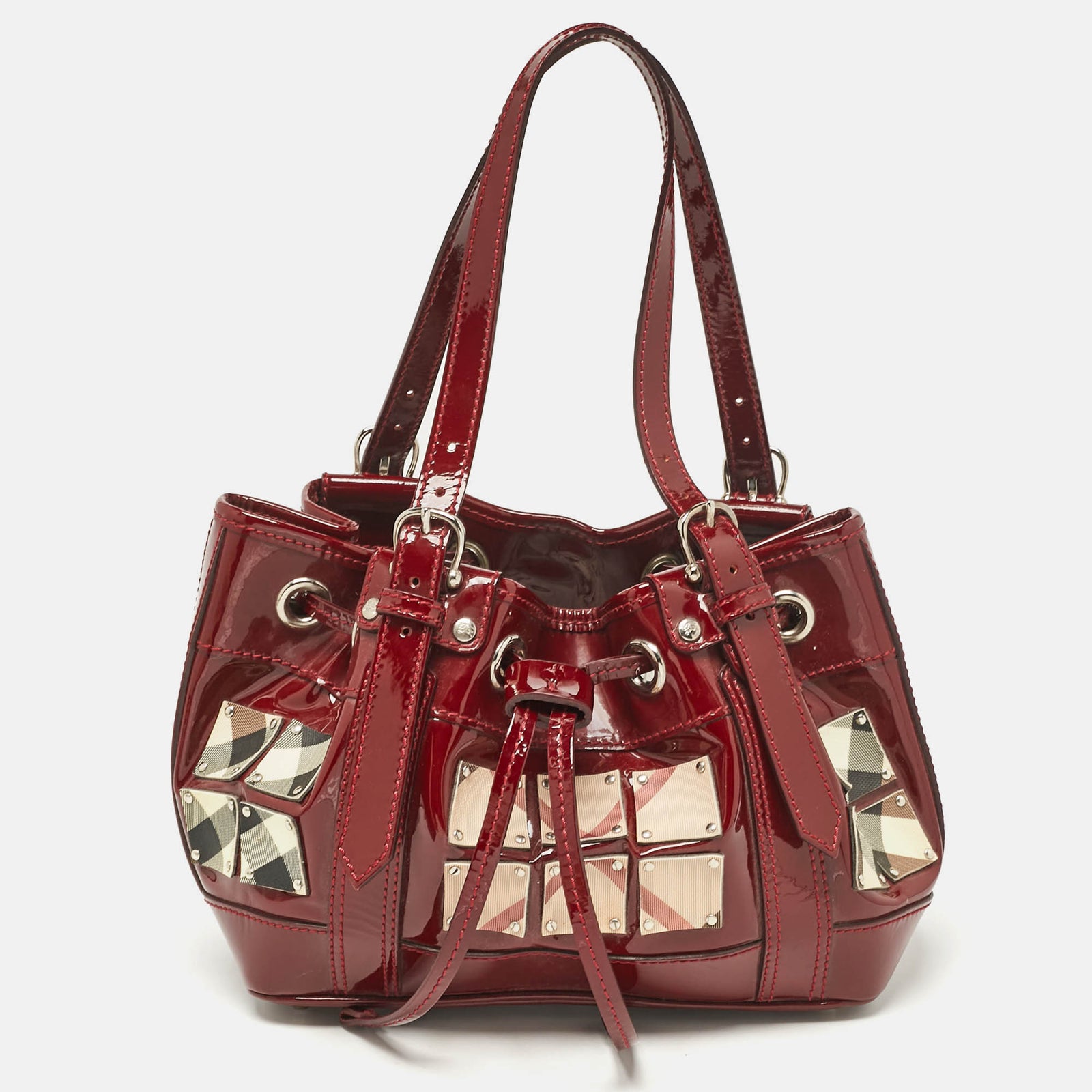 Burberry Red Nova Check Patent Leather Warrior Drawstring Tote