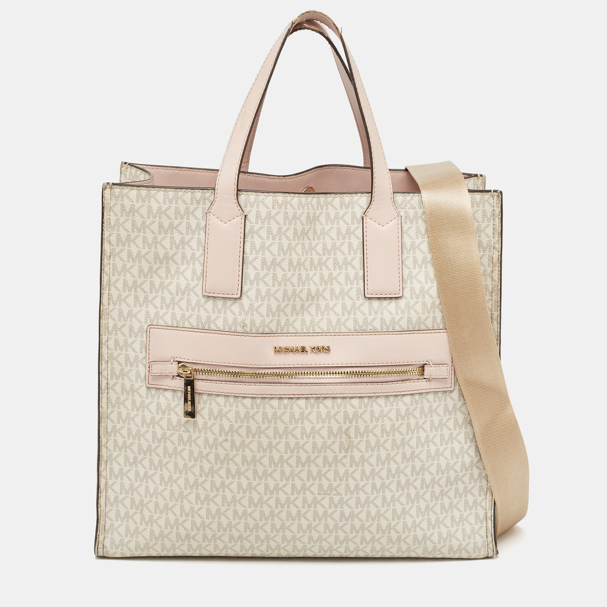 Michael Kors Off White/Pink Signature Coated Canvas Large Kenly Tote