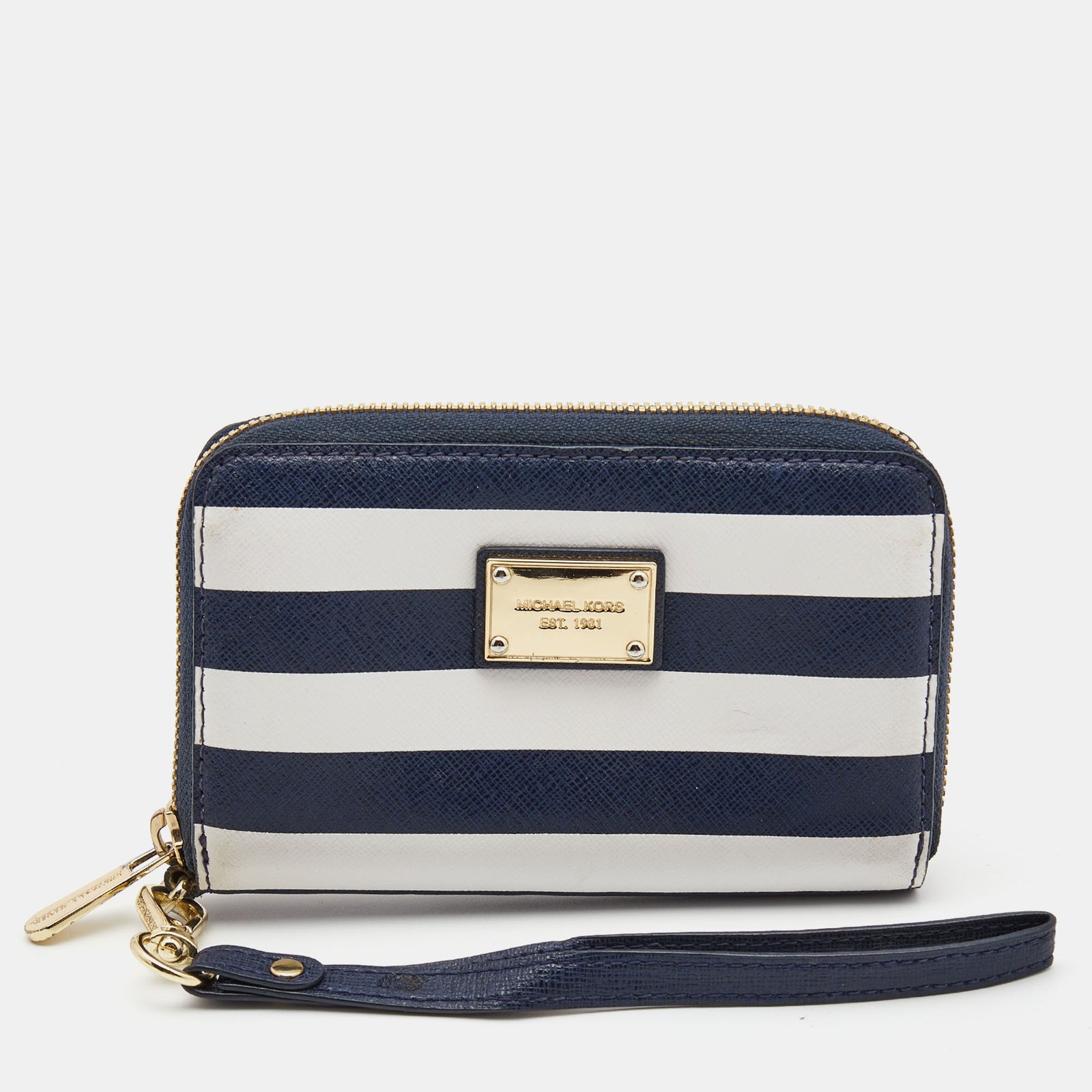 Michael Kors Blue/White Leather Striped Zip Around Wallet