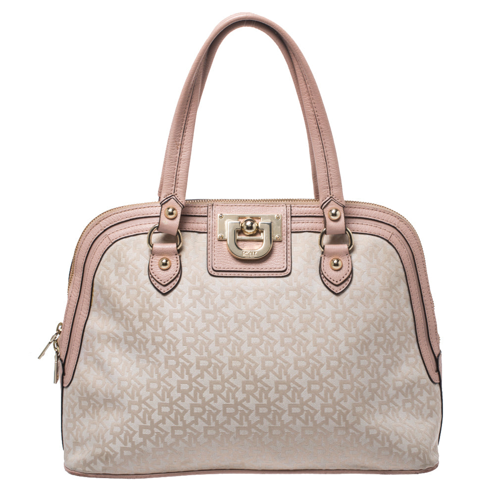 DKNY Pink/Beige Signature Canvas and Leather Dome Satchel