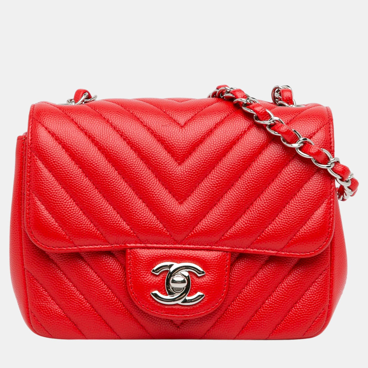 Chanel Red Mini Square Classic Chevron Caviar Single Flap