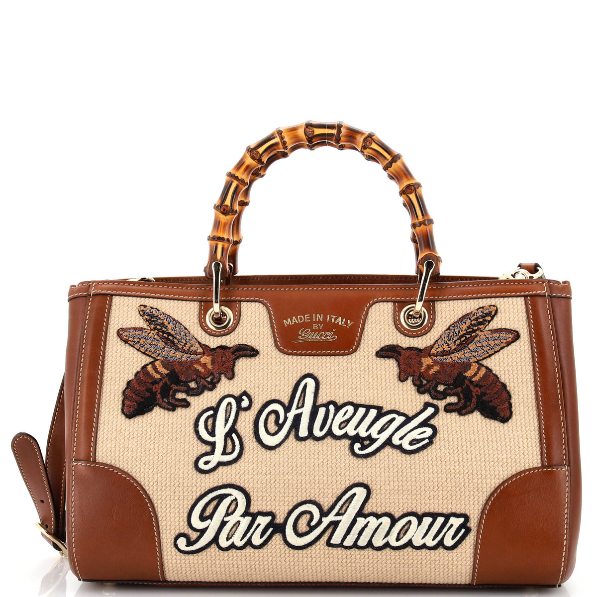 Gucci GUCCI Bamboo Web Shopper Tote Embroidered Cross Stitch Canvas Medium