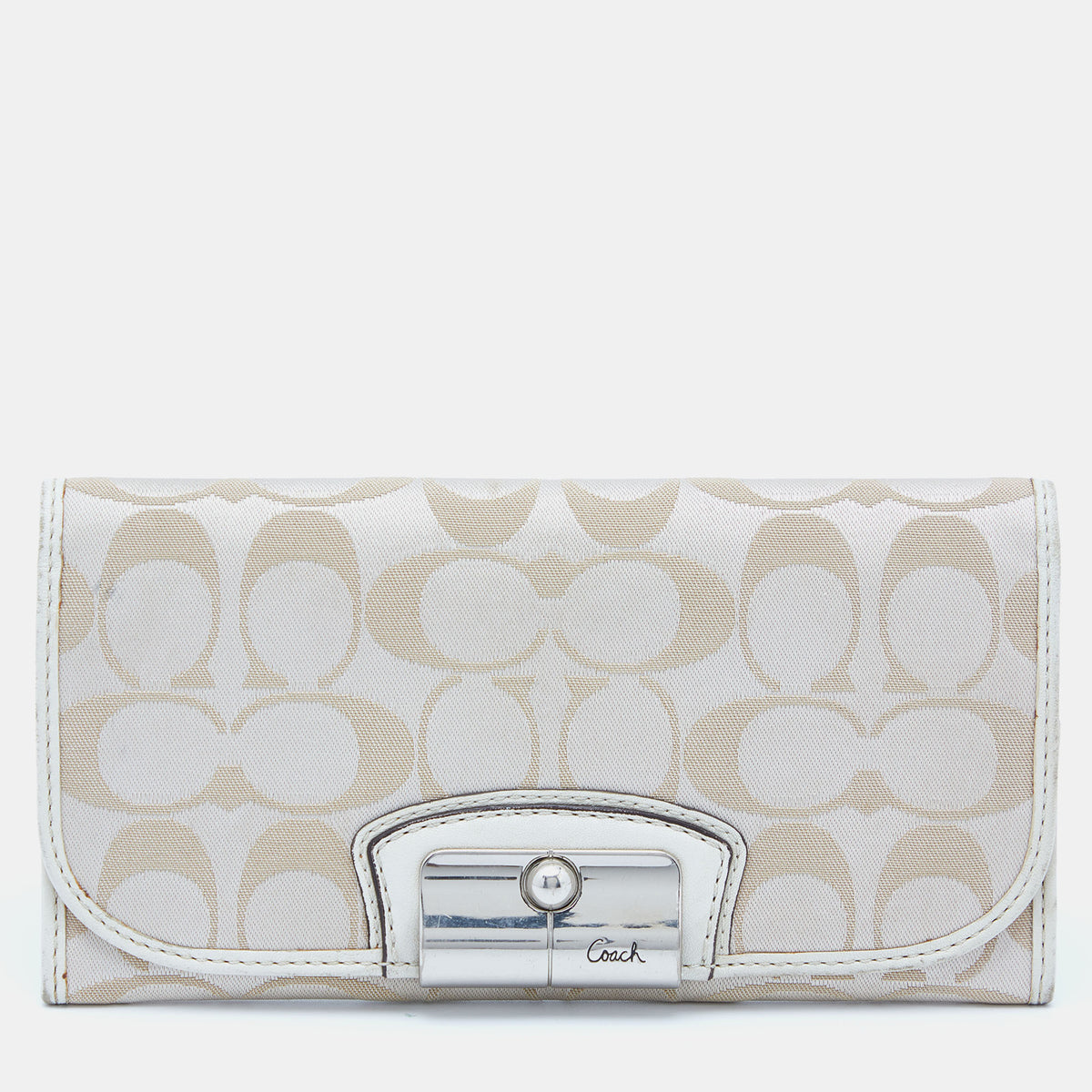 Coach Beige/White Signature Canvas and Leather Flap Continental Wallet