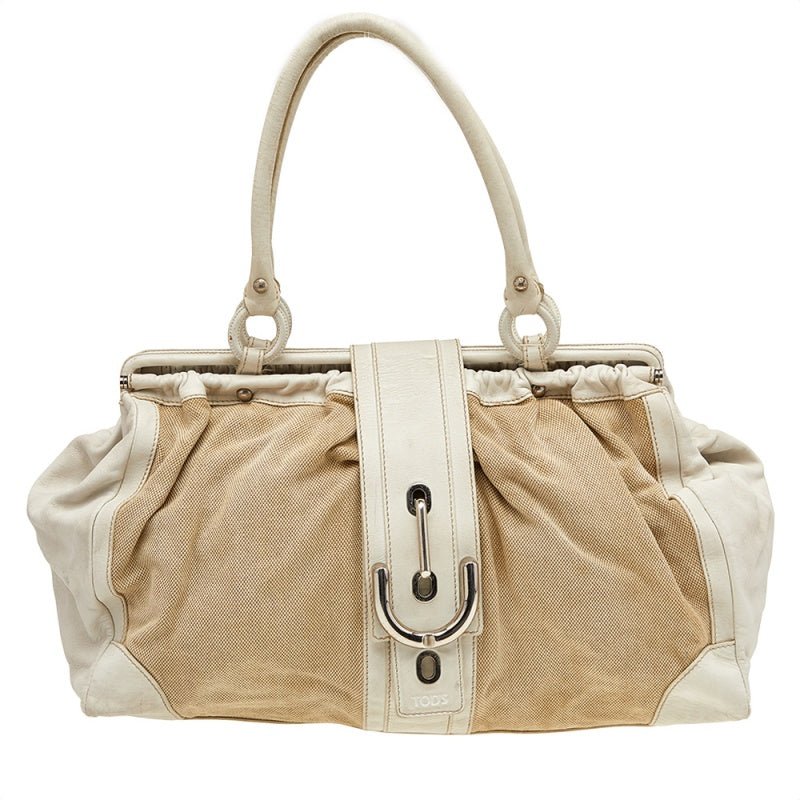 Tod's Beige/ Off White Leather And Canvas Satchel