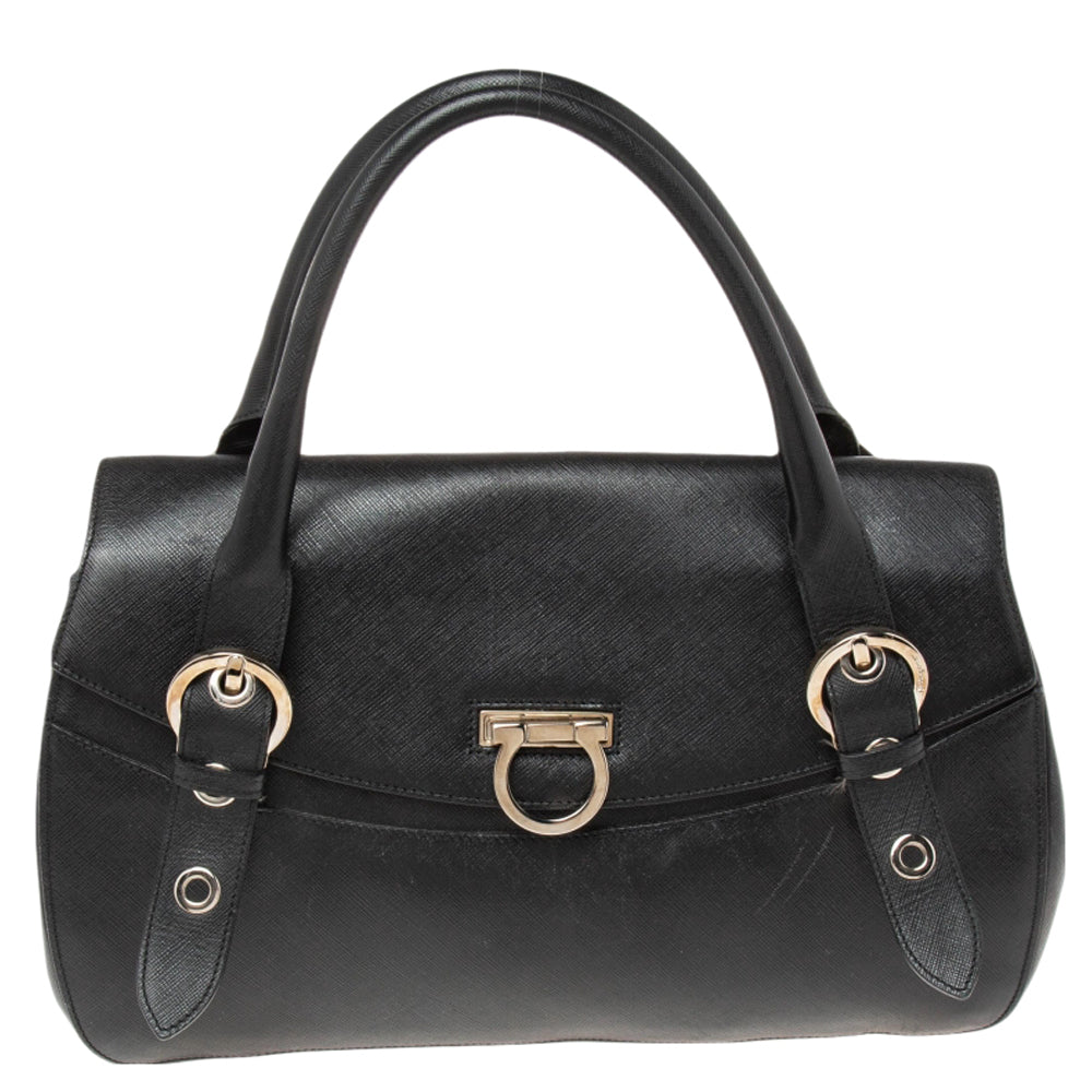 Salvatore Ferragamo Black Leather Gancio Flap Satchel