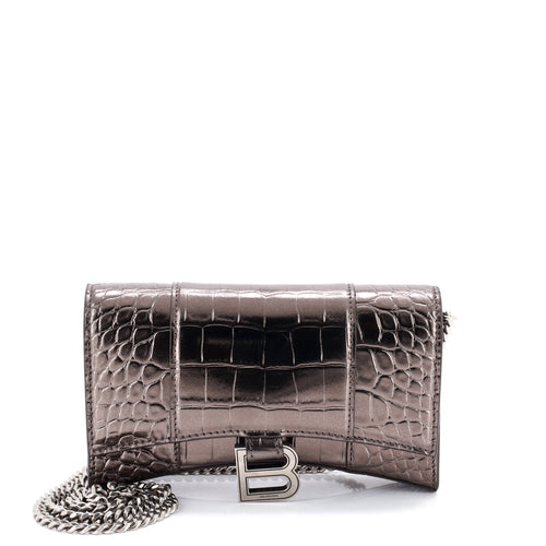 Hourglass Chain Wallet Crocodile Embossed Leather