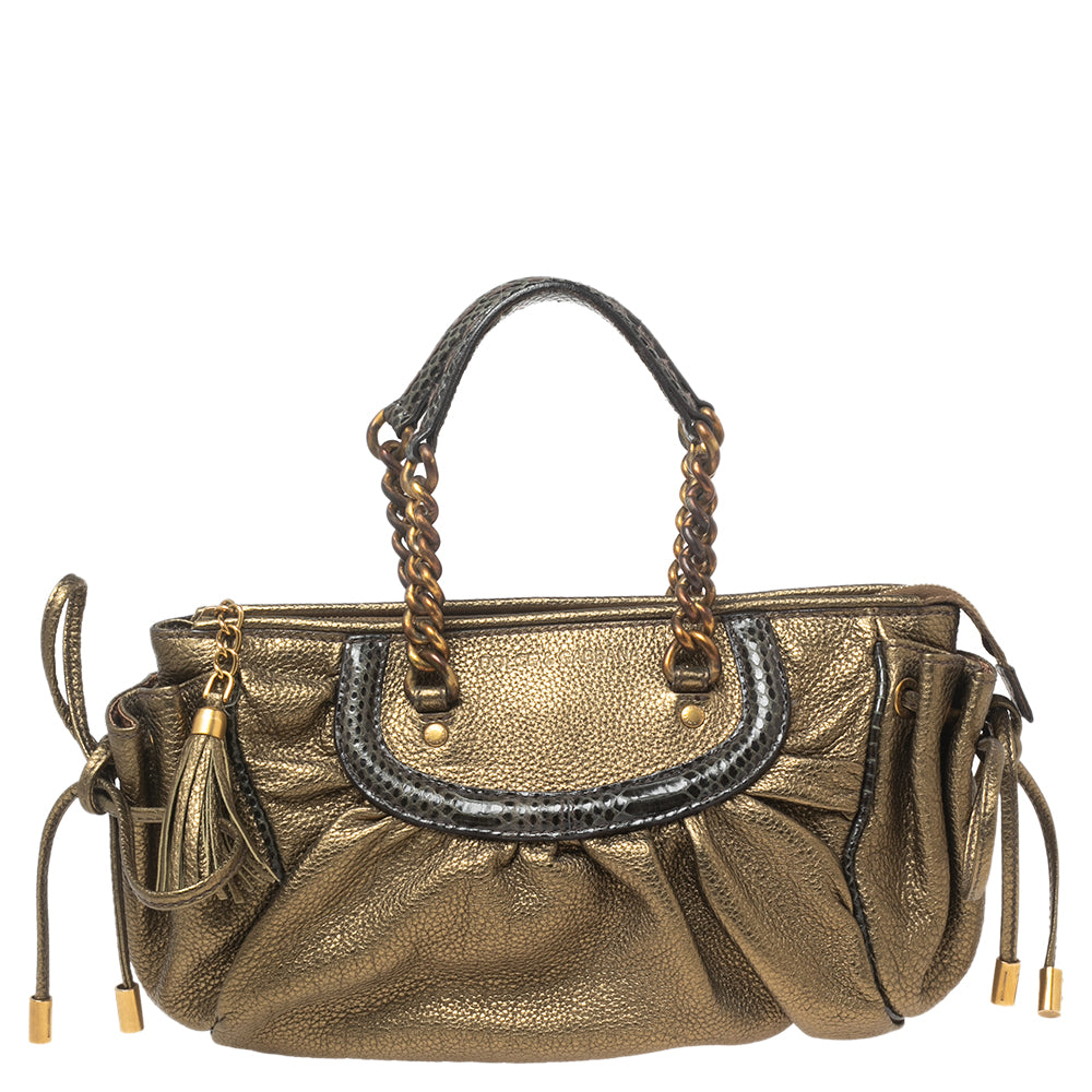 Dolce & Gabbana Metallic Olive Green Leather Tassel Satchel