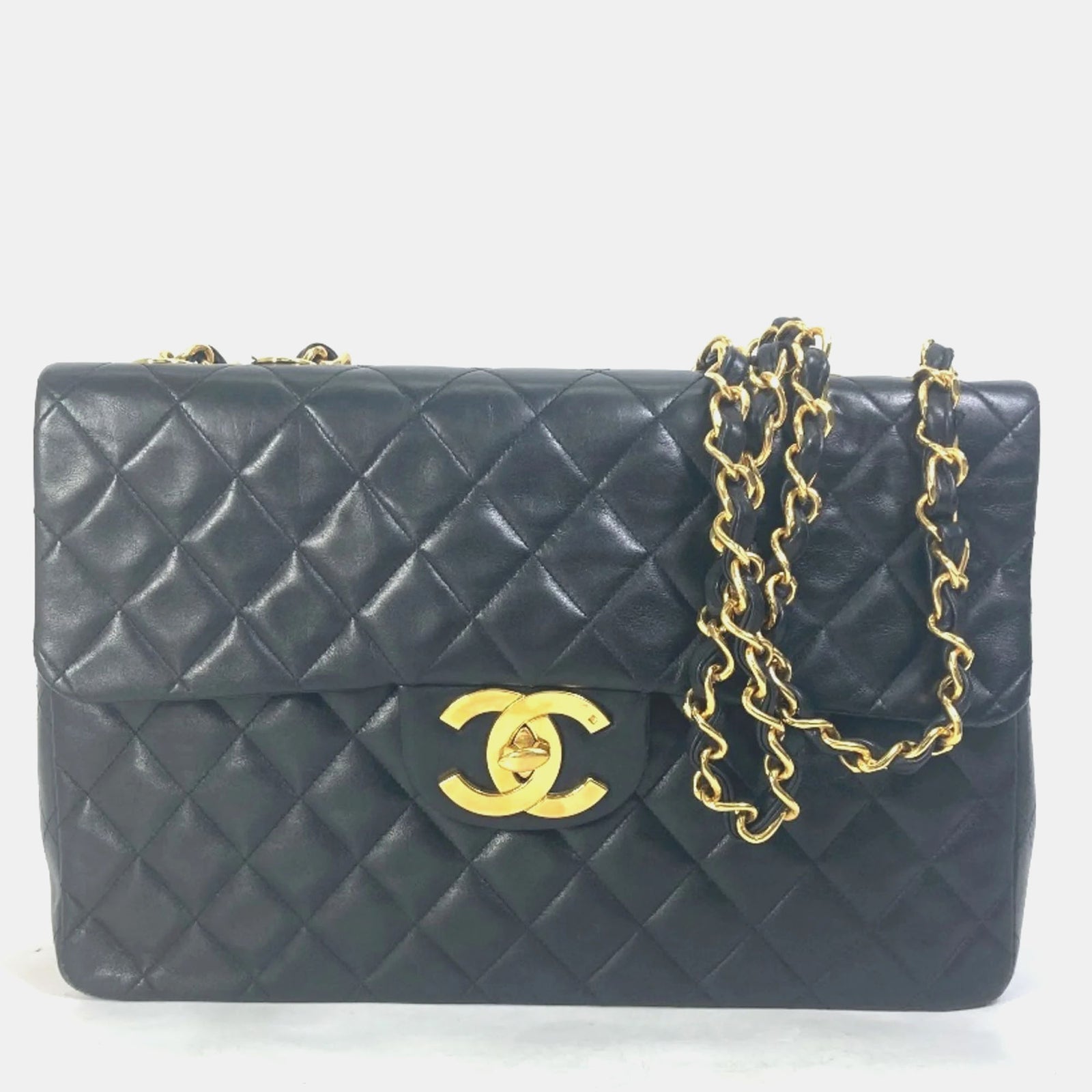 Chanel Schwarze, gesteppte Maxi-Vintage-Klassiker-Tasche mit Überschlag aus Lammleder