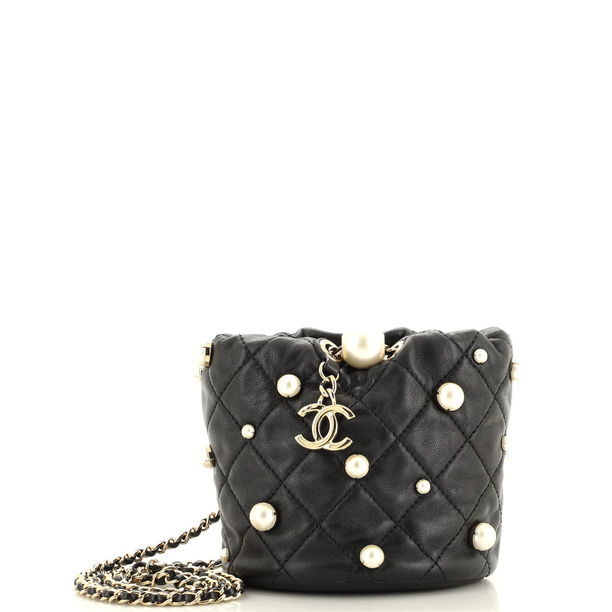 Chanel CHANEL Drawstring Round Bucket Bag Pearl Embellished Quilted Lambskin Mini