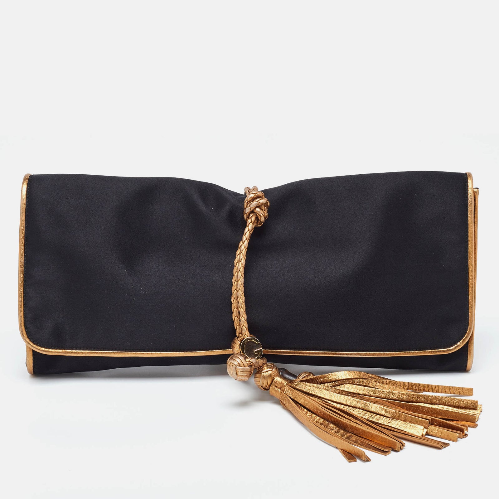 Gucci Pochette à pompons Malika en satin noir/doré