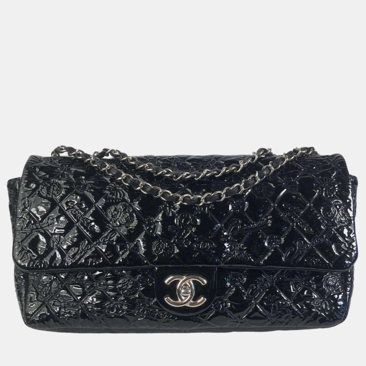 Chanel Black Patent Vinyl Embossed Lucky Symbols Jumbo Single Flap Bag