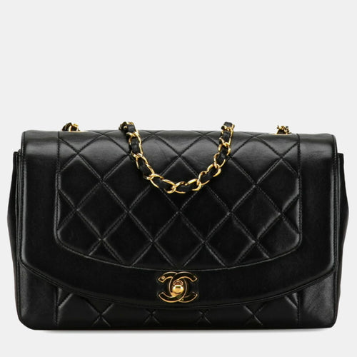Black Leather Vintage Diana Flap Shoulder Bag