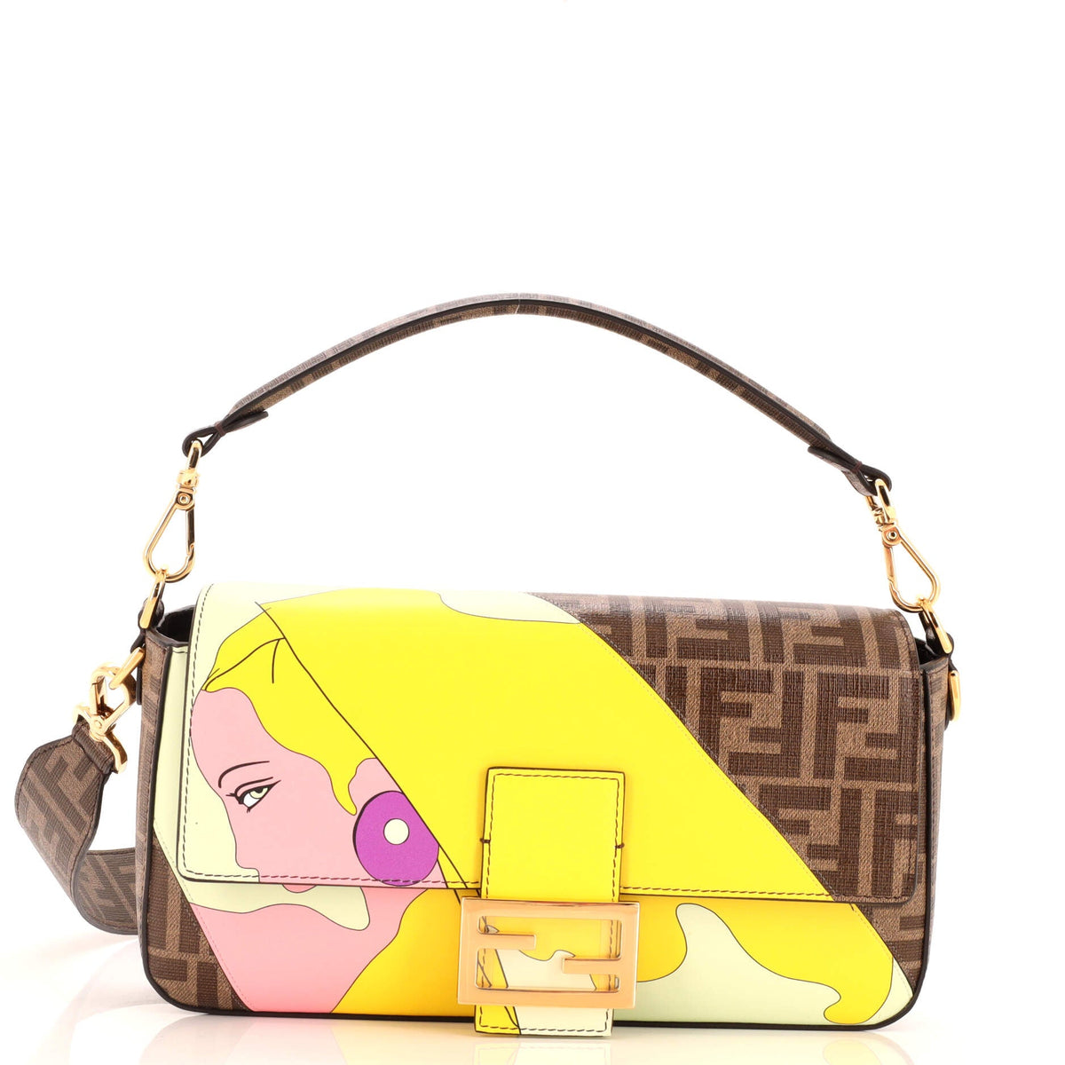 Fendi FENDI Antonio Lopez Baguette NM Bag Zucca Coated Canvas with Printed Leather Inlay Medium