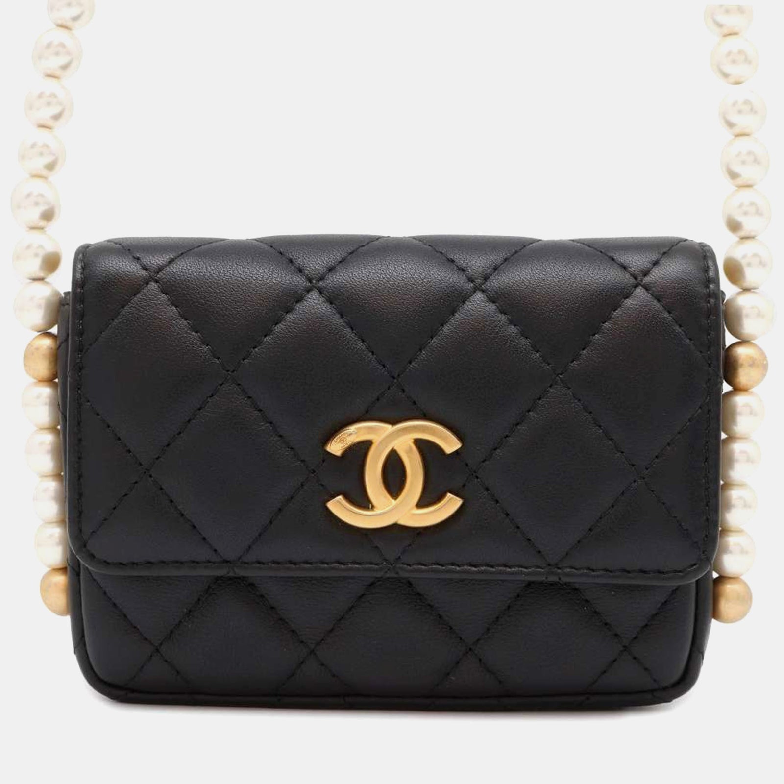 Chanel Schwarzes CC-Portemonnaie aus Leder mit Kunstperlen und Kette