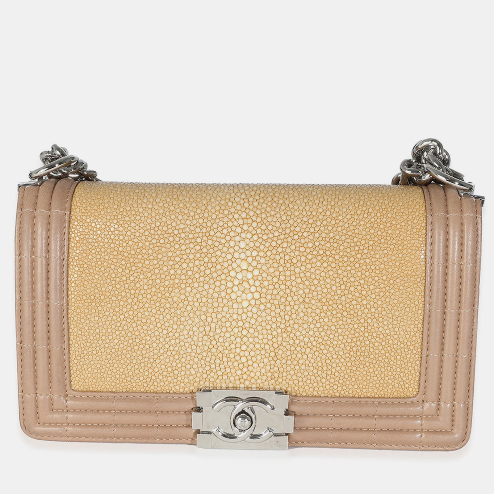 Chanel Sac à bandoulière à rabat de taille moyenne en cuir d'agneau galuchat beige