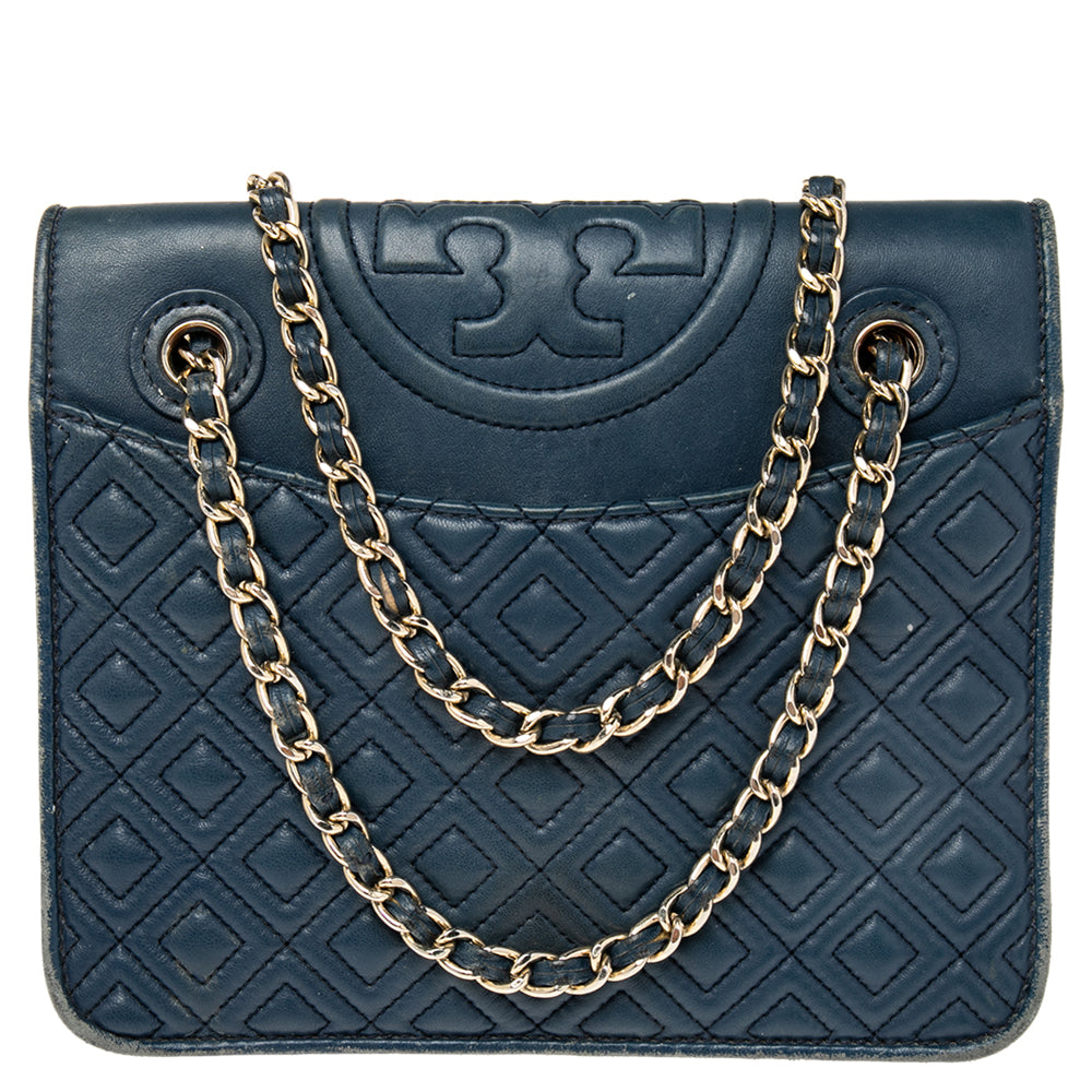 Blue Leather Medium Fleming Shoulder Bag