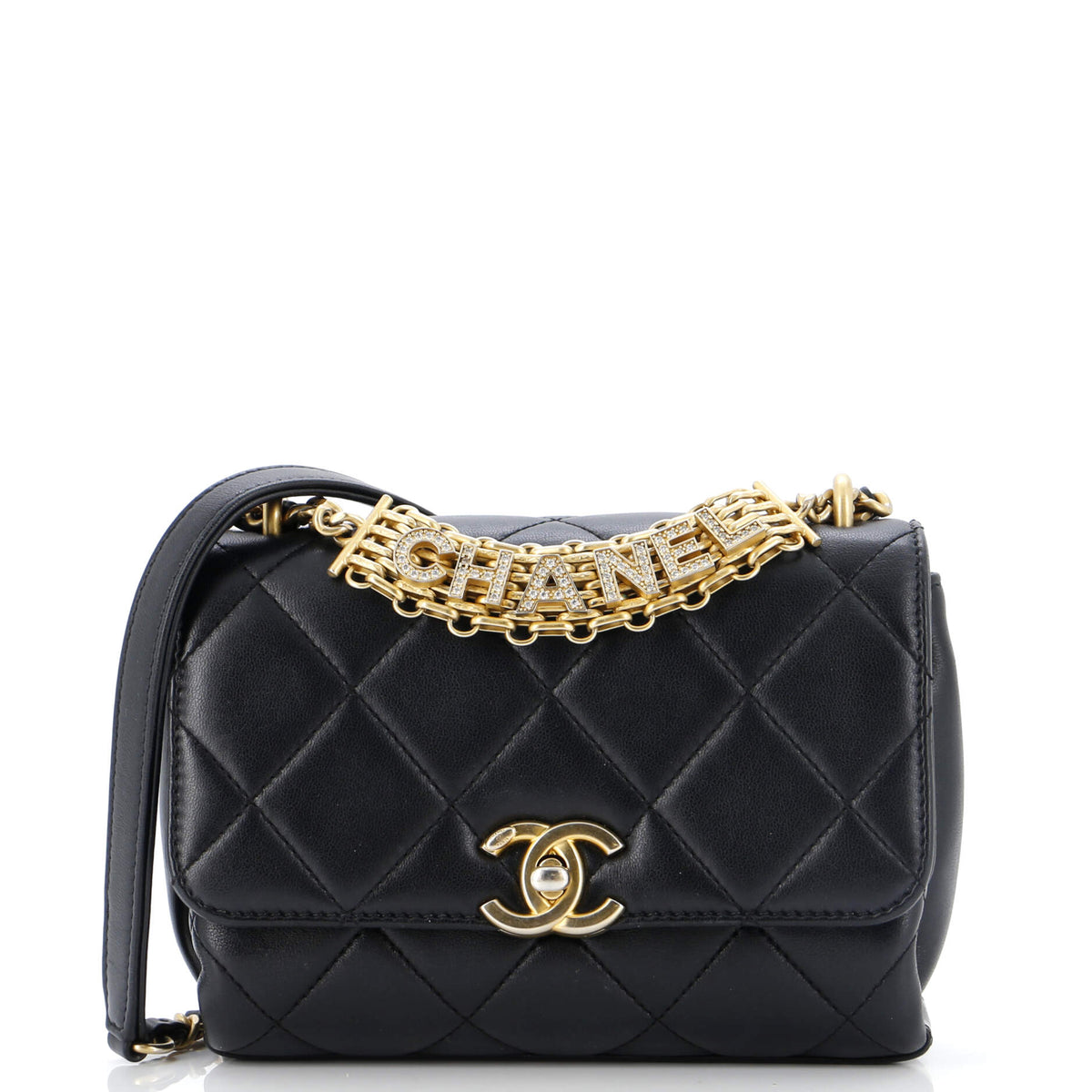 Chanel CHANEL Crystal Logo Letters Chain Handle Flap Bag Quilted Lambskin Mini