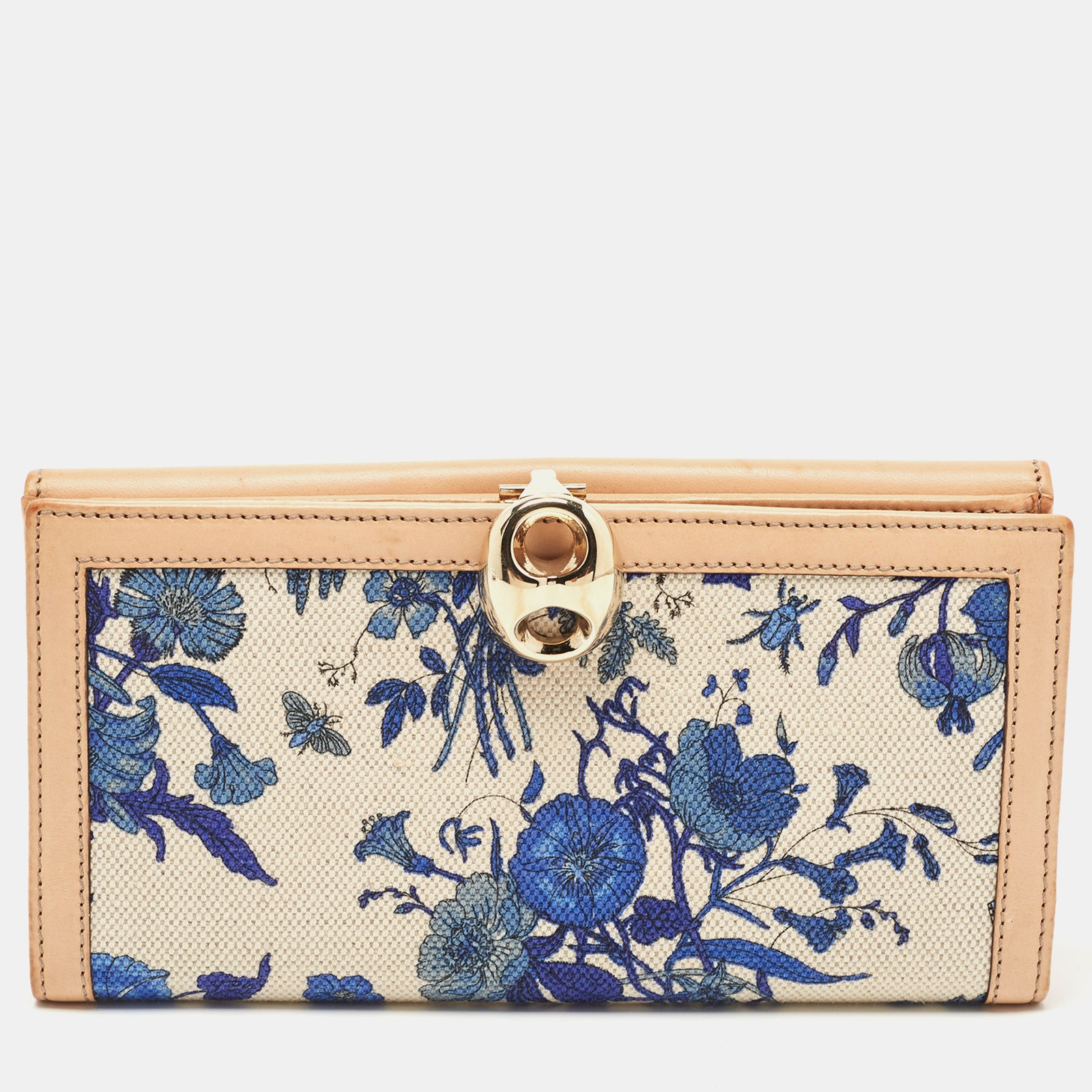 Gucci Blue/Beige Floral Print Canvas and Leather Wave Continental Wallet