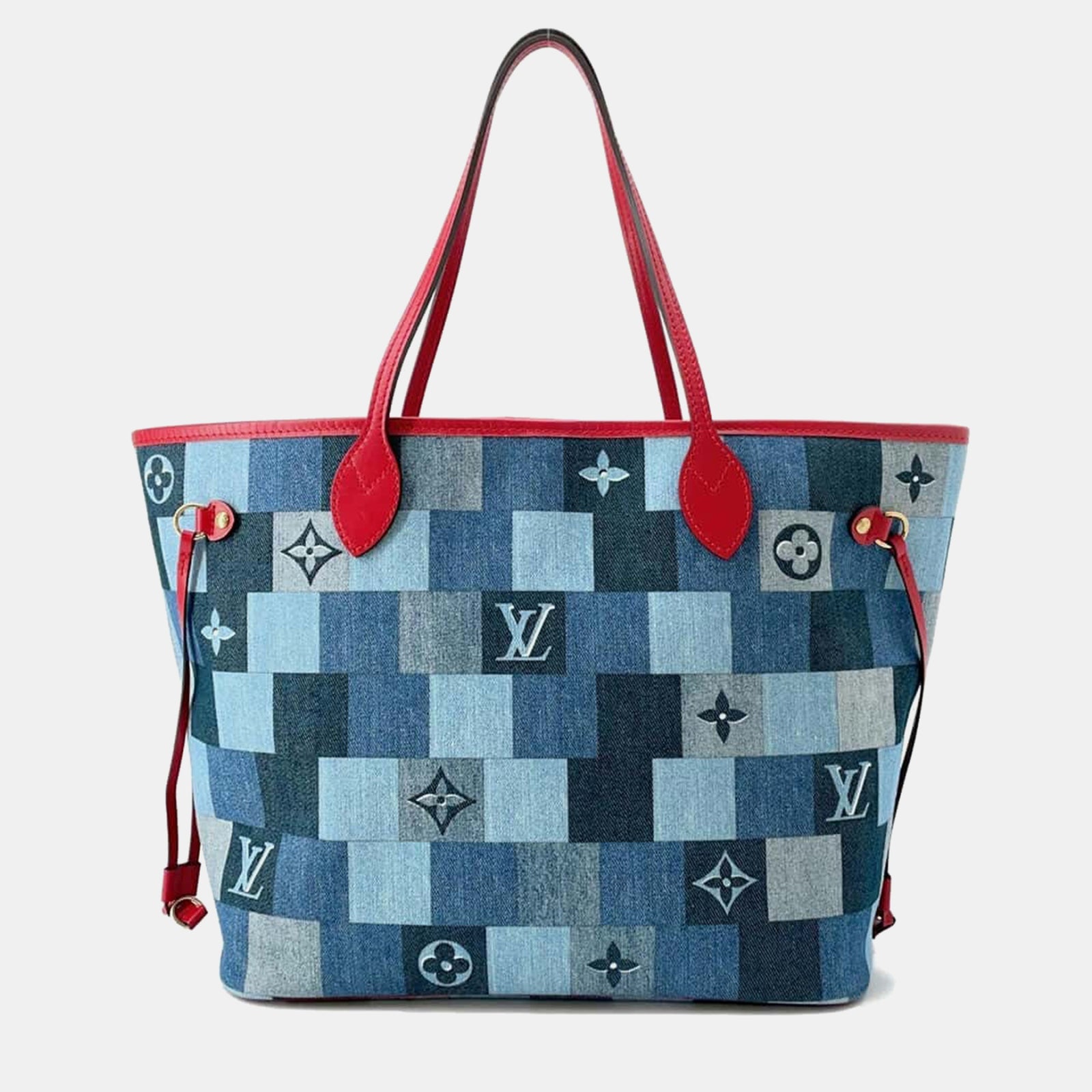 Louis Vuitton Blaue Neverfull MM-Tragetasche aus Denim mit Patchwork-Monogramm