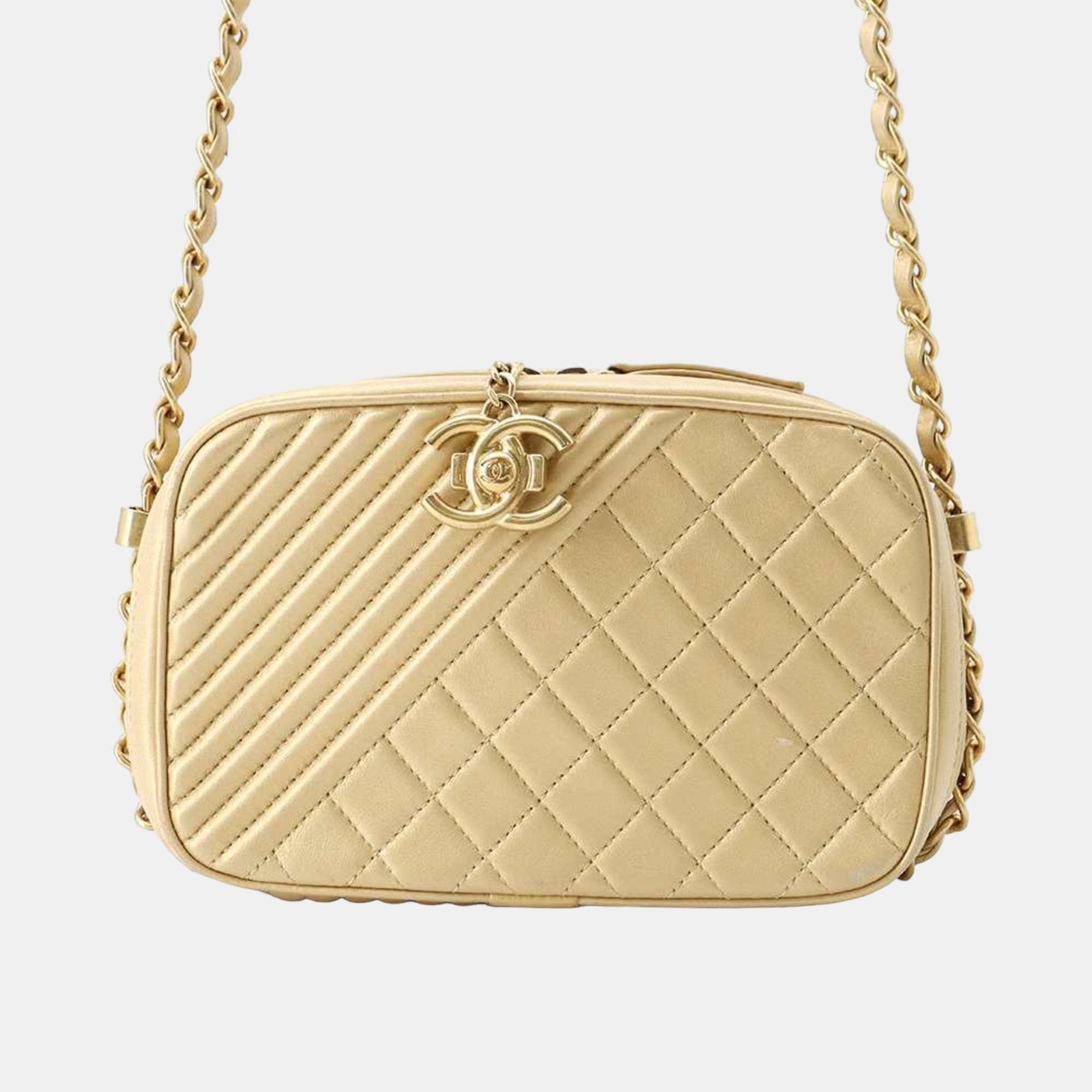 Chanel Goldfarbene Kameratasche „Coco Boy“ aus gestepptem Leder